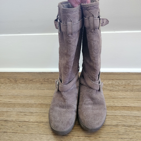 Coach Thelma faux fur winter boots taupe suede logo embossed mid calf size 7 - Picture 9 of 14